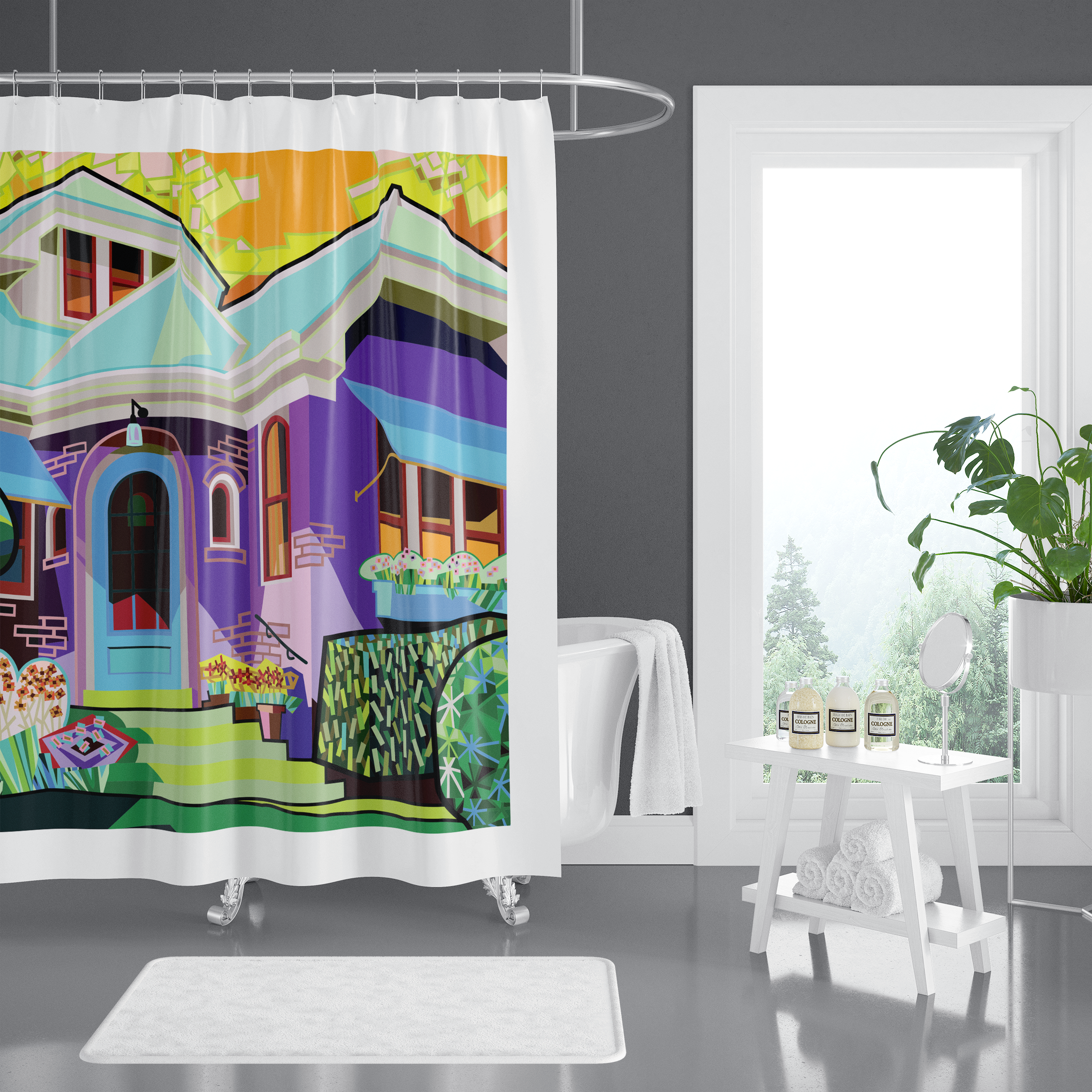 designer shower curtain in modern bathroom. neighborhood scene. architectural scene. 